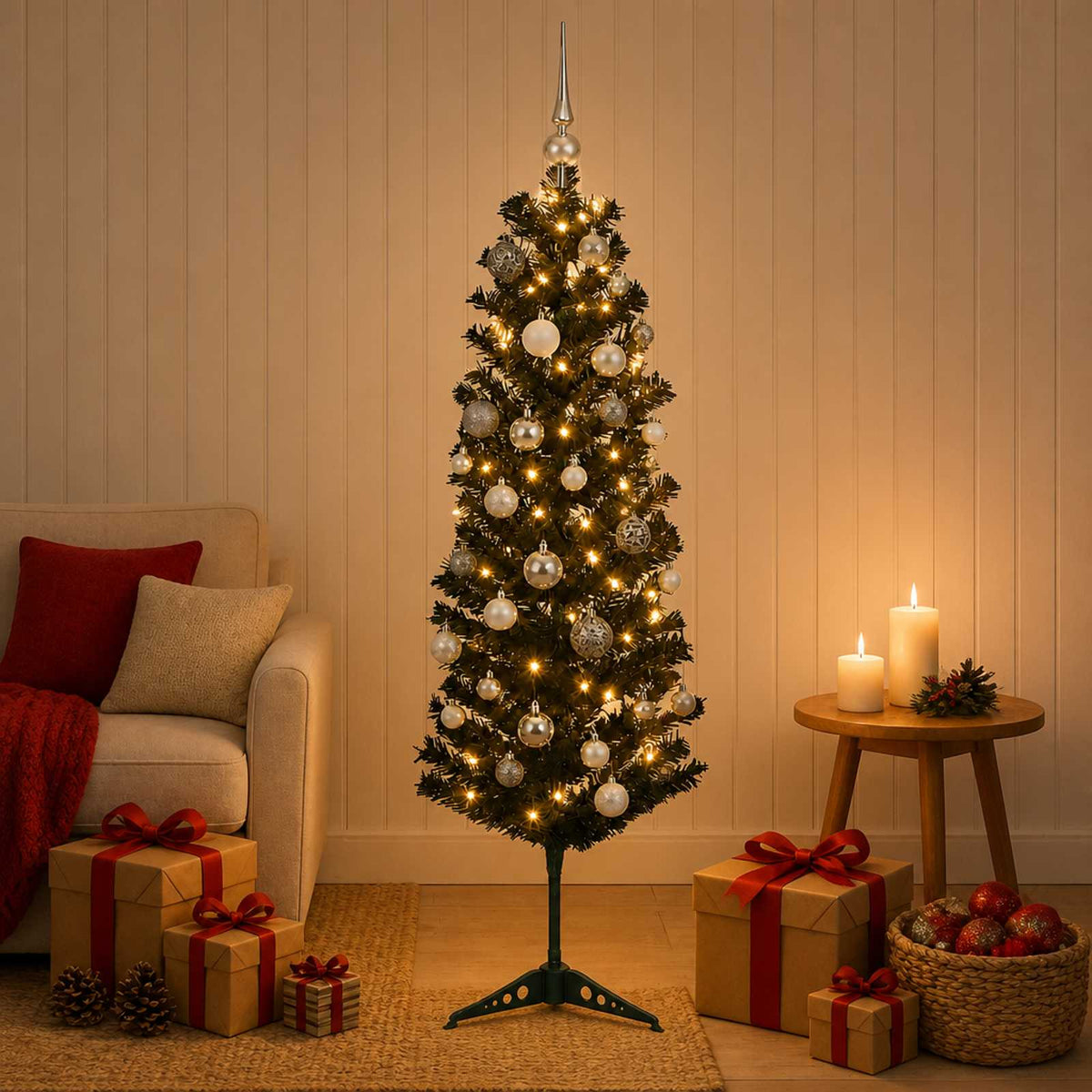 Dirbtinė siaura kalėdinė eglutė su žaisliuku 150 cm 150 LED