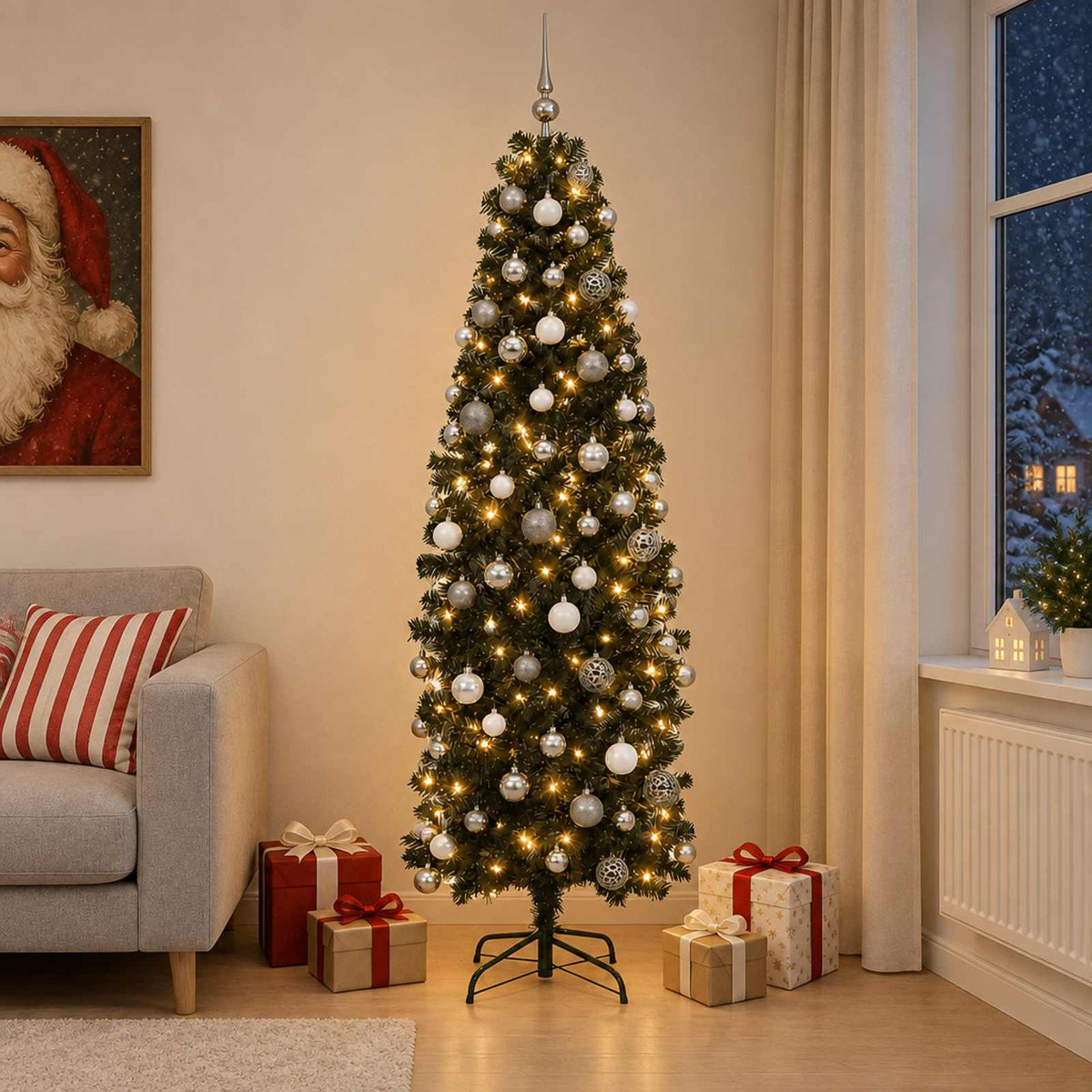 Dirbtinė siaura kalėdinė eglutė su žaisliuku 210 cm 300 LED