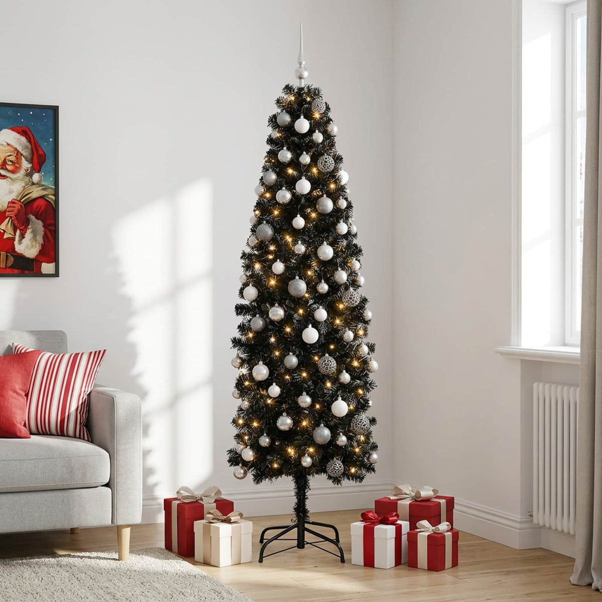 Dirbtinė siaura kalėdinė eglutė su žaisliuku 210 cm 300 LED