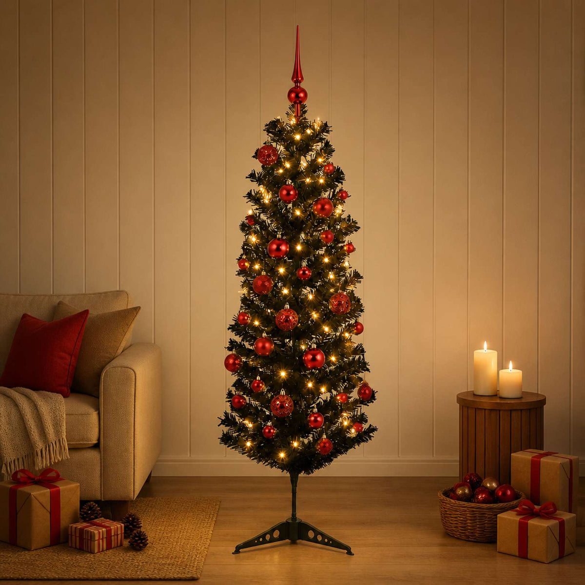 Dirbtinė siaura kalėdinė eglutė su žaisliuku 120 cm 150 LED