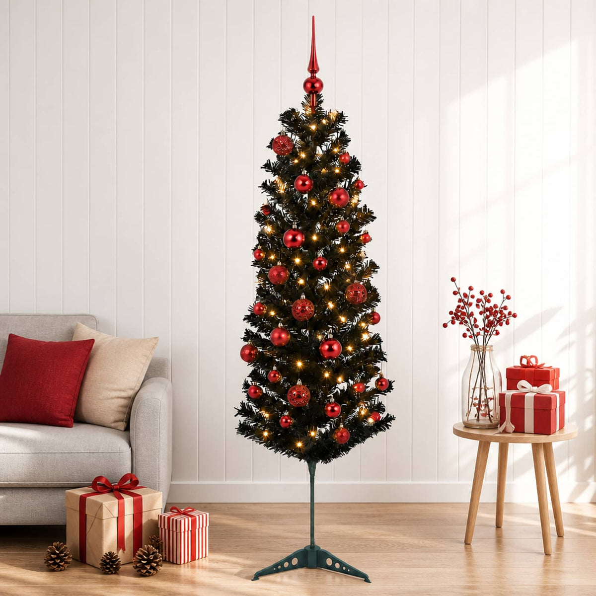 Dirbtinė siaura kalėdinė eglutė su žaisliuku 120 cm 150 LED
