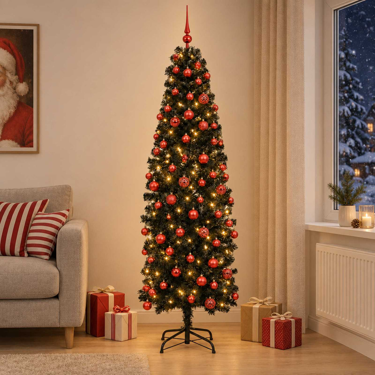 Dirbtinė siaura kalėdinė eglutė su žaisliuku 210 cm 300 LED