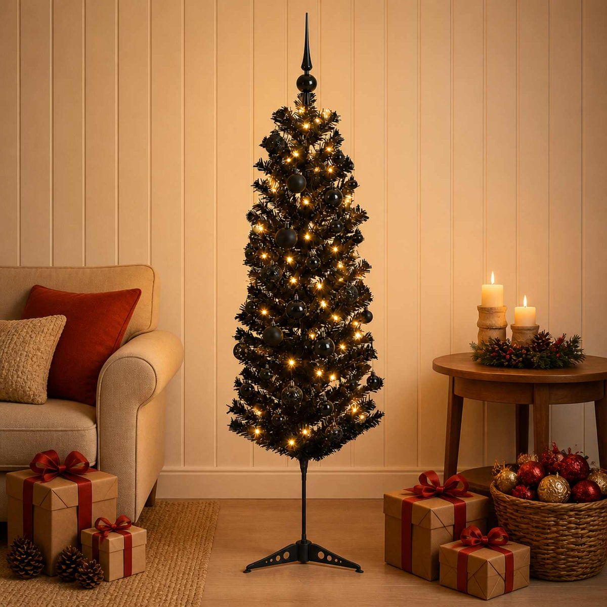 Dirbtinė siaura kalėdinė eglutė su žaisliuku 150 cm 150 LED