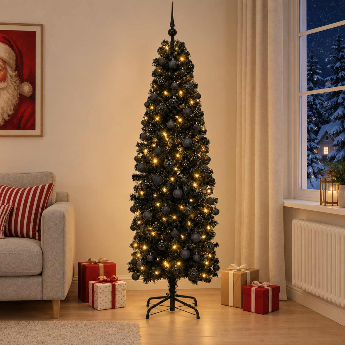 Dirbtinė siaura kalėdinė eglutė su žaisliuku 210 cm 300 LED