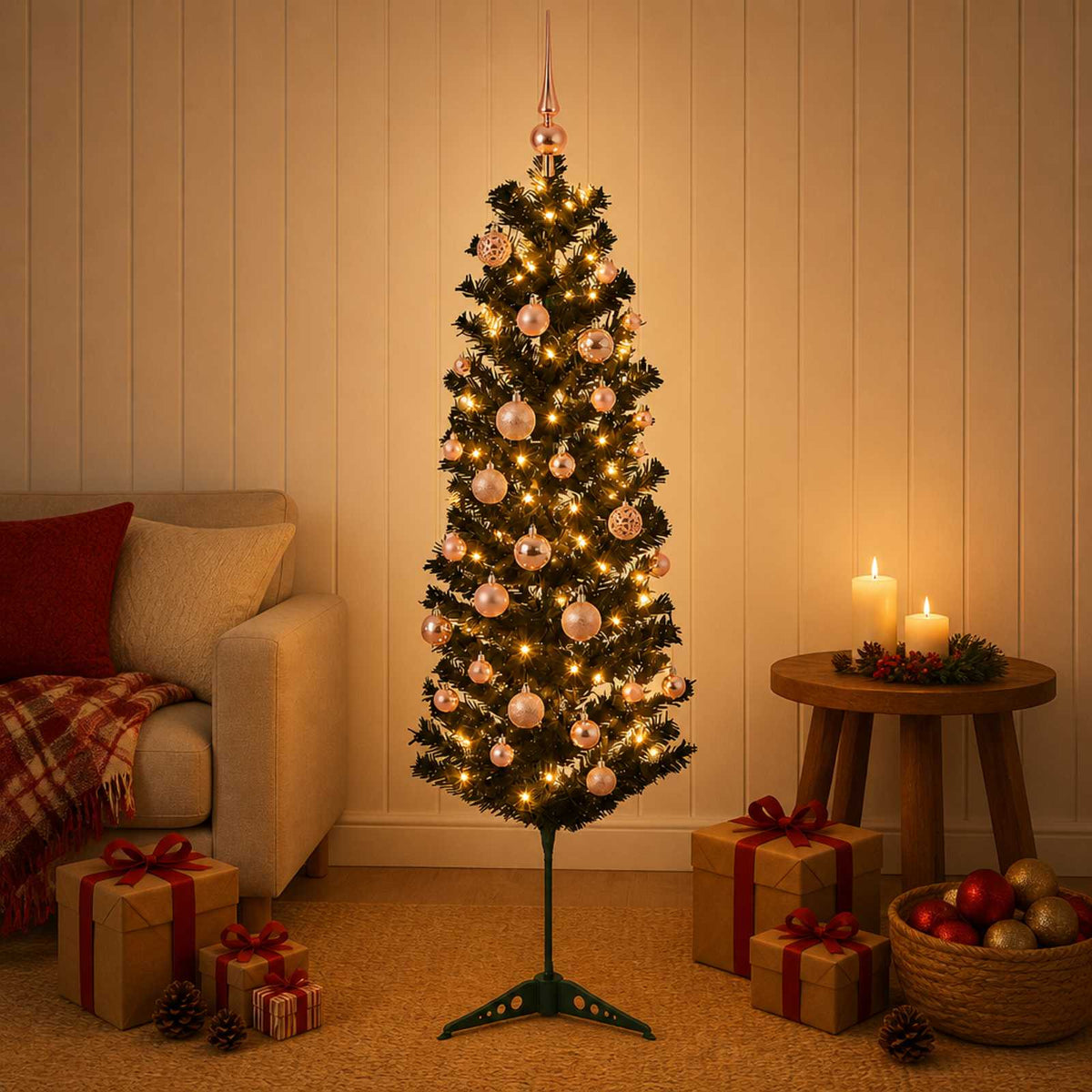 Dirbtinė siaura kalėdinė eglutė su žaisliuku 120 cm 150 LED