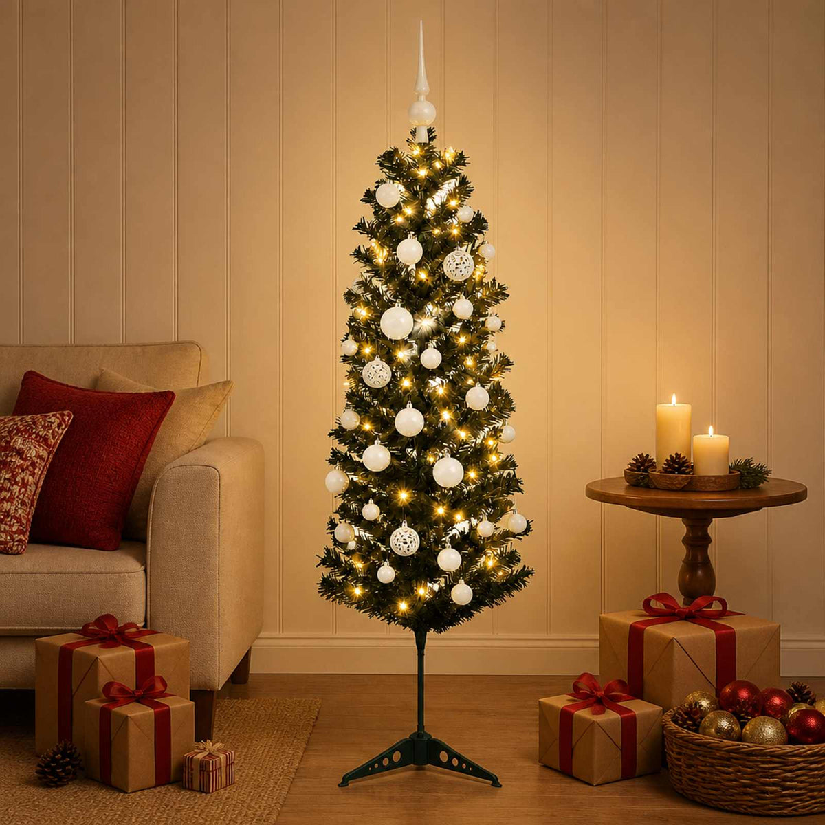 Dirbtinė siaura kalėdinė eglutė su žaisliuku 120 cm 150 LED
