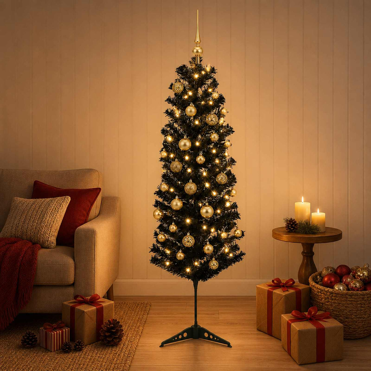 Dirbtinė siaura kalėdinė eglutė su žaisliuku 120 cm 150 LED