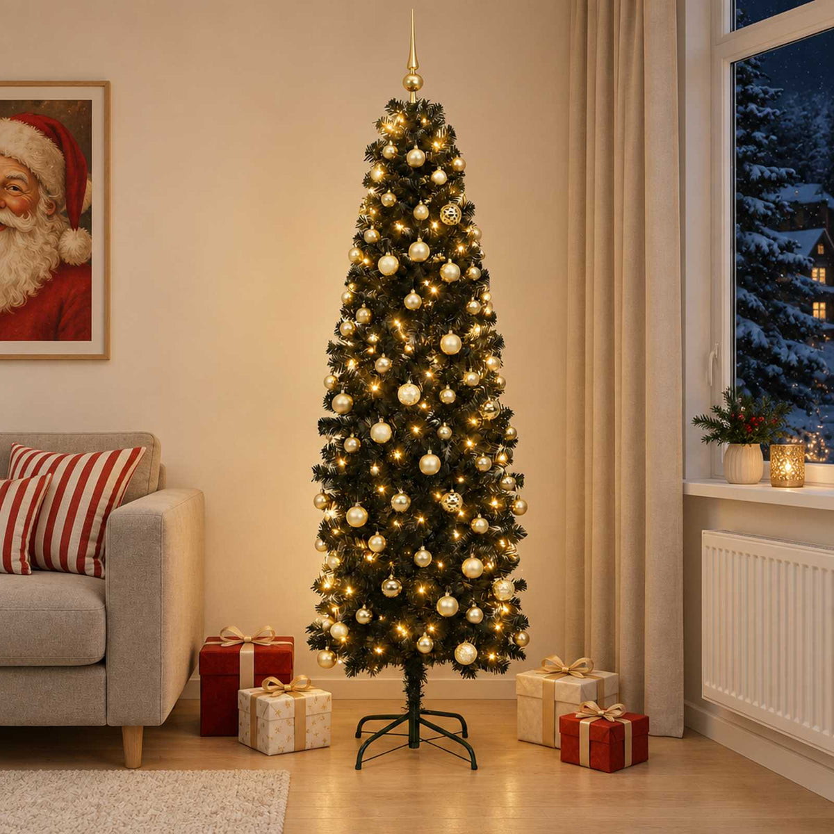 Dirbtinė siaura kalėdinė eglutė su žaisliuku 180 cm 300 LED