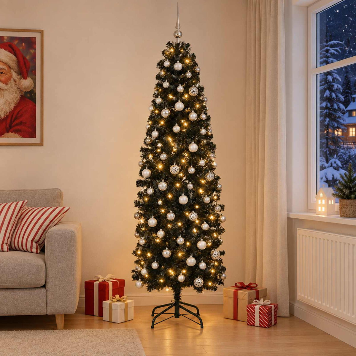 Dirbtinė siaura kalėdinė eglutė su žaisliuku 210 cm 300 LED
