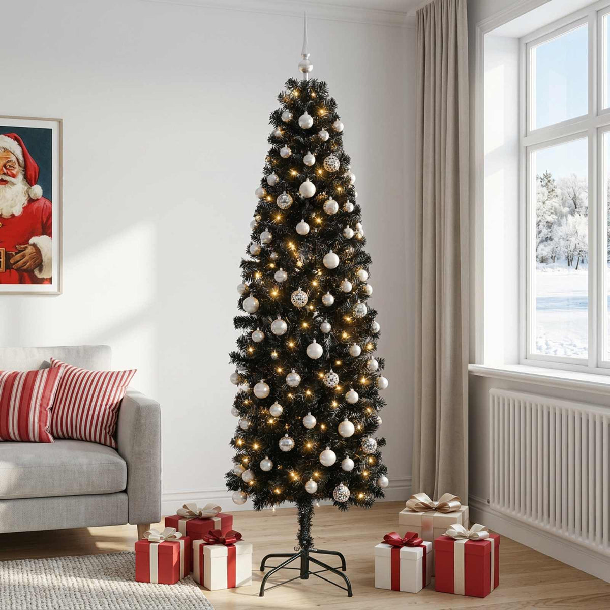 Dirbtinė siaura kalėdinė eglutė su žaisliuku 240 cm 300 LED