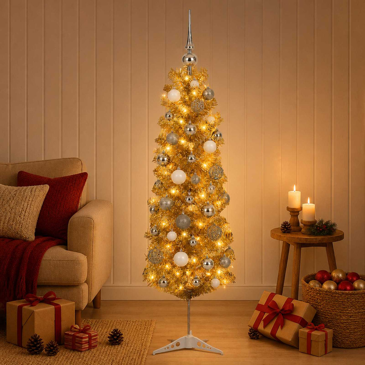 Dirbtinė liekna Kalėdų eglutė su burbulais 120 cm 150 LED