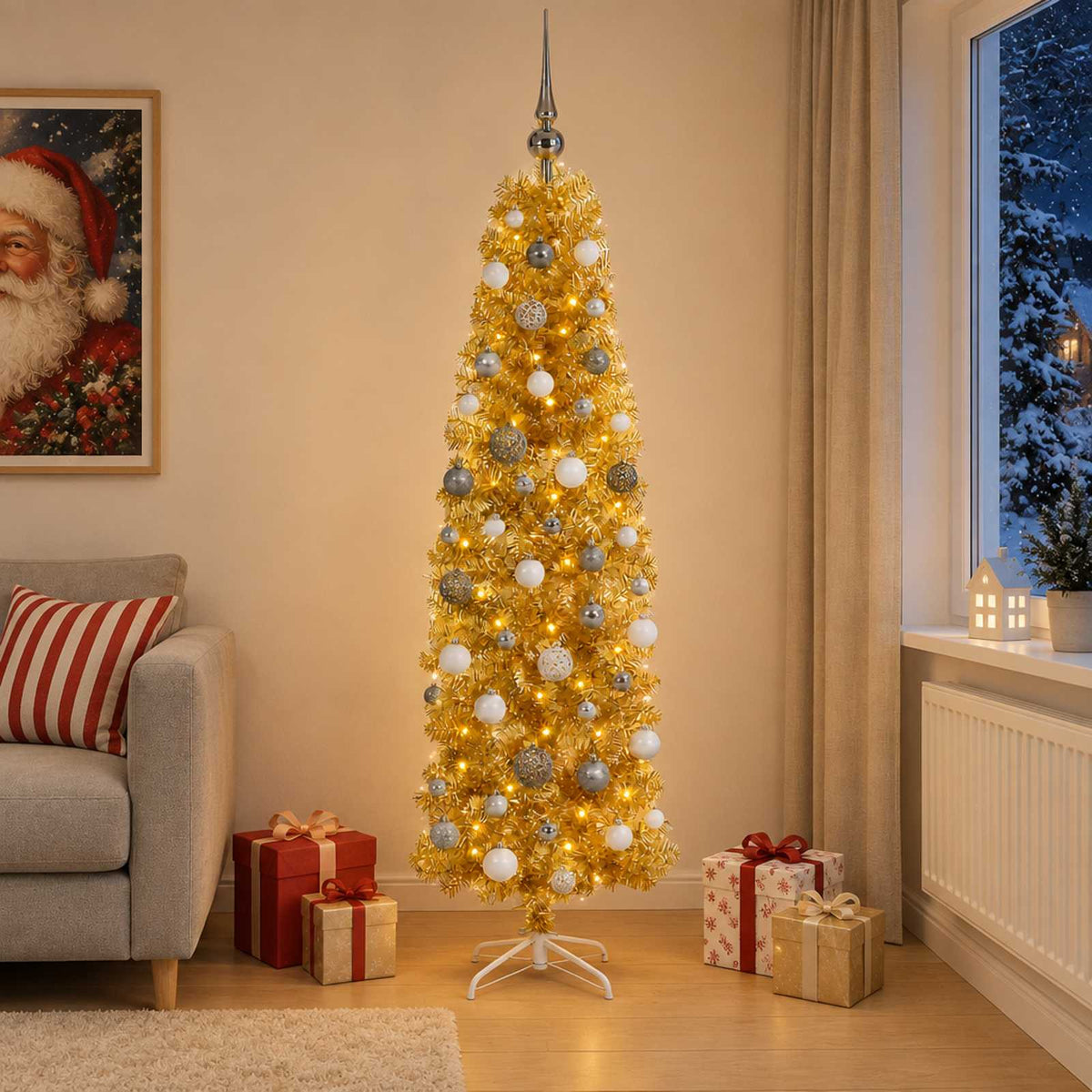 Dirbtinė liekna Kalėdų eglutė su burbulais 210 cm 300 LED