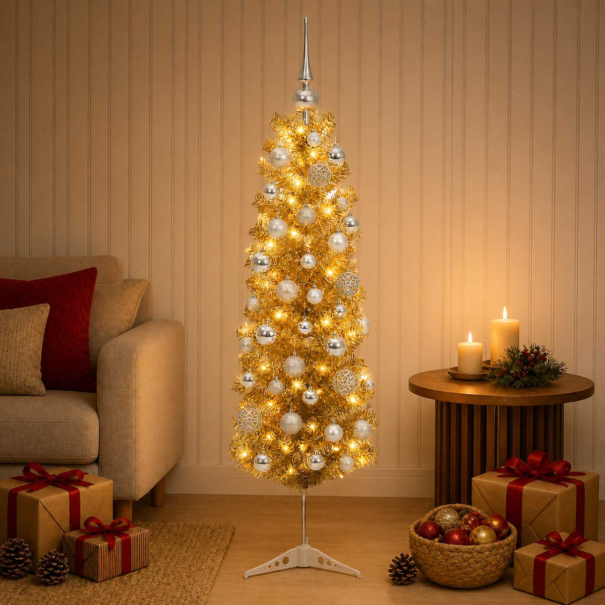Dirbtinė liekna Kalėdų eglutė su burbulais 150 cm 150 LED