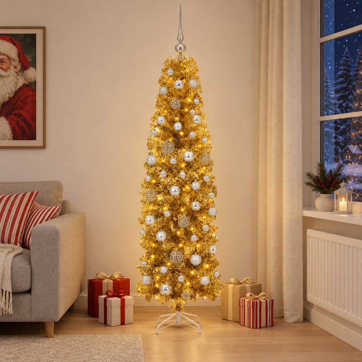 Dirbtinė liekna Kalėdų eglutė su burbulais 210 cm 300 LED