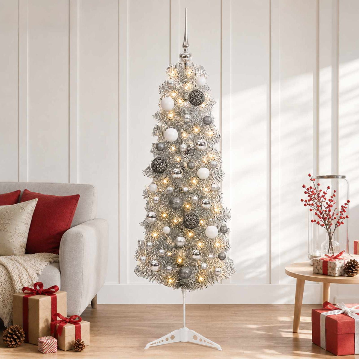 Dirbtinė siaura kalėdinė eglutė su žaisliuku 150 cm 150 LED