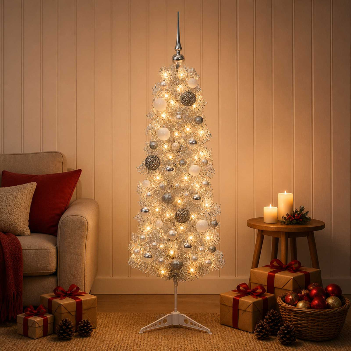 Dirbtinė siaura kalėdinė eglutė su žaisliuku 150 cm 150 LED