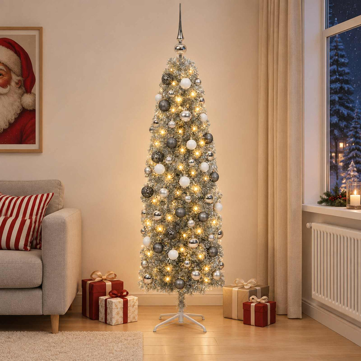 Dirbtinė siaura kalėdinė eglutė su žaisliuku 240 cm 300 LED