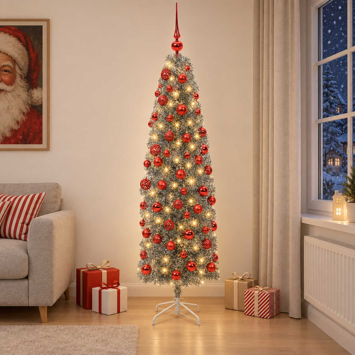 Dirbtinė siaura kalėdinė eglutė su žaisliuku 240 cm 300 LED