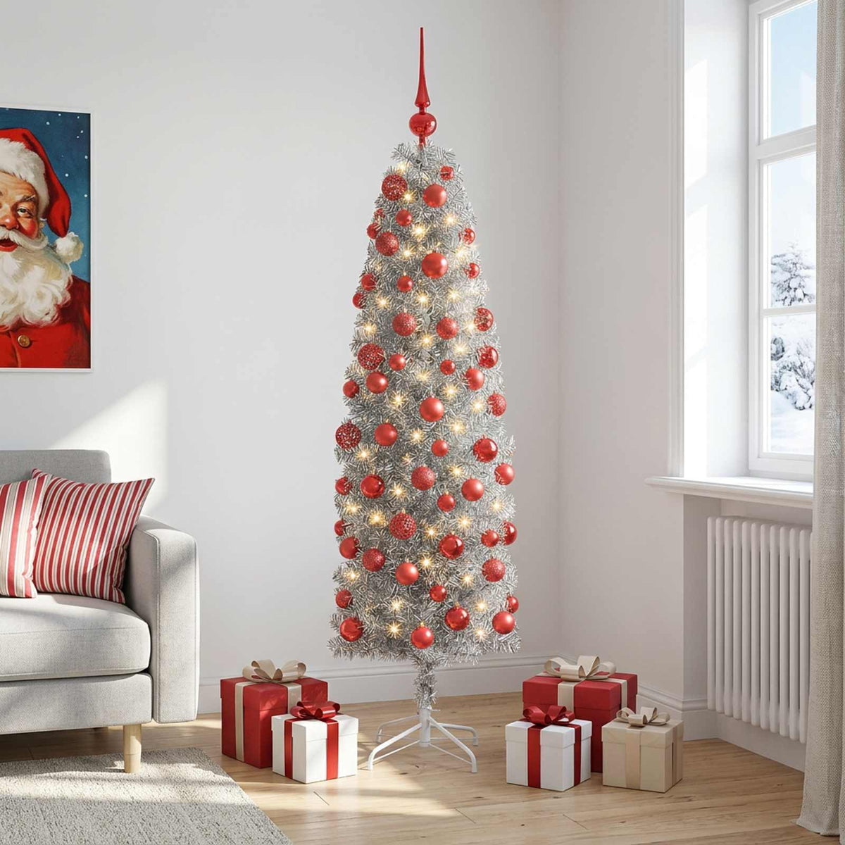 Dirbtinė siaura kalėdinė eglutė su žaisliuku 240 cm 300 LED