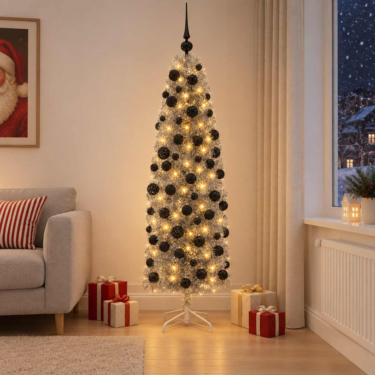 Dirbtinė siaura kalėdinė eglutė su žaisliuku 180 cm 300 LED