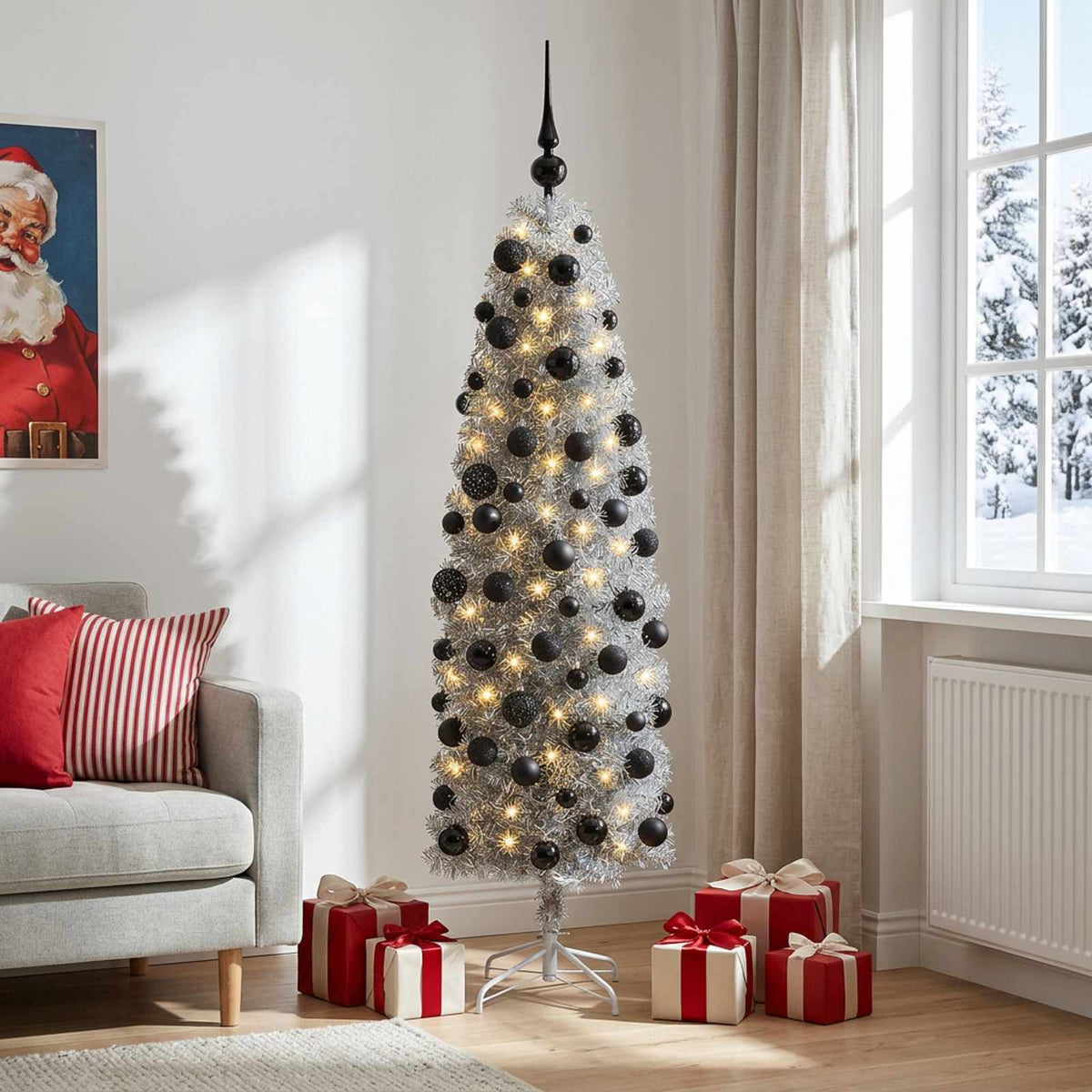 Dirbtinė siaura kalėdinė eglutė su žaisliuku 180 cm 300 LED