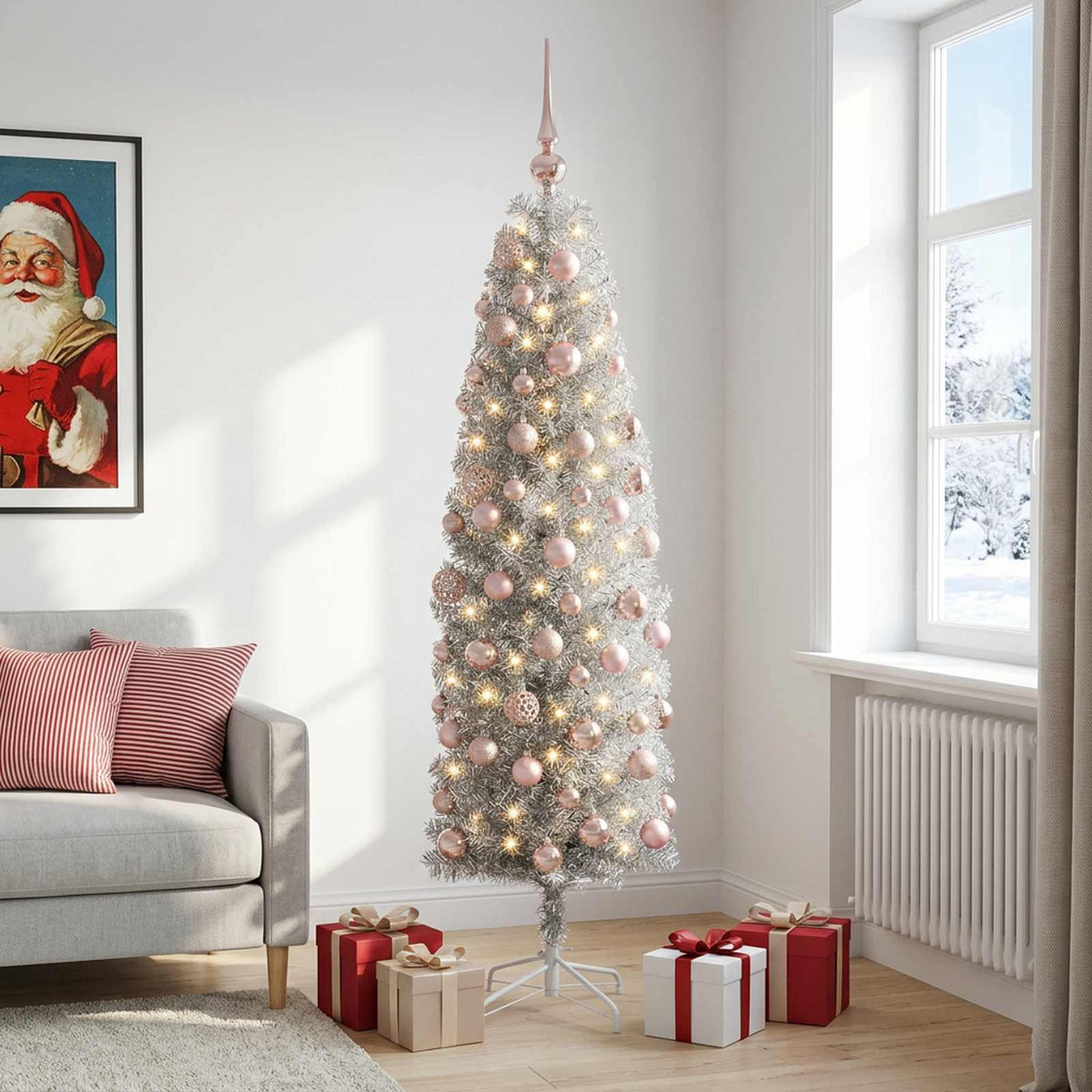 Dirbtinė siaura kalėdinė eglutė su žaisliuku 240 cm 300 LED