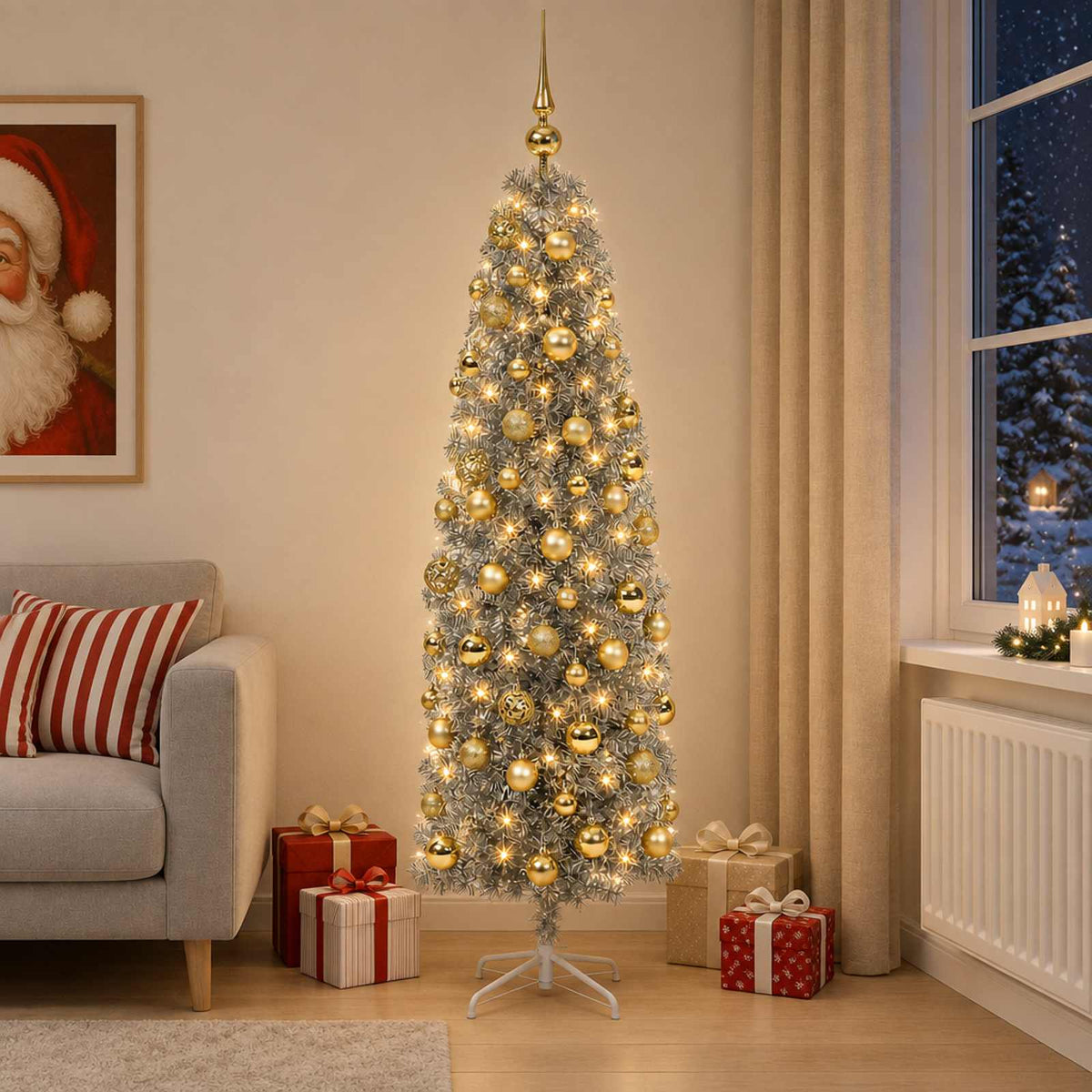 Dirbtinė siaura kalėdinė eglutė su žaisliuku 240 cm 300 LED