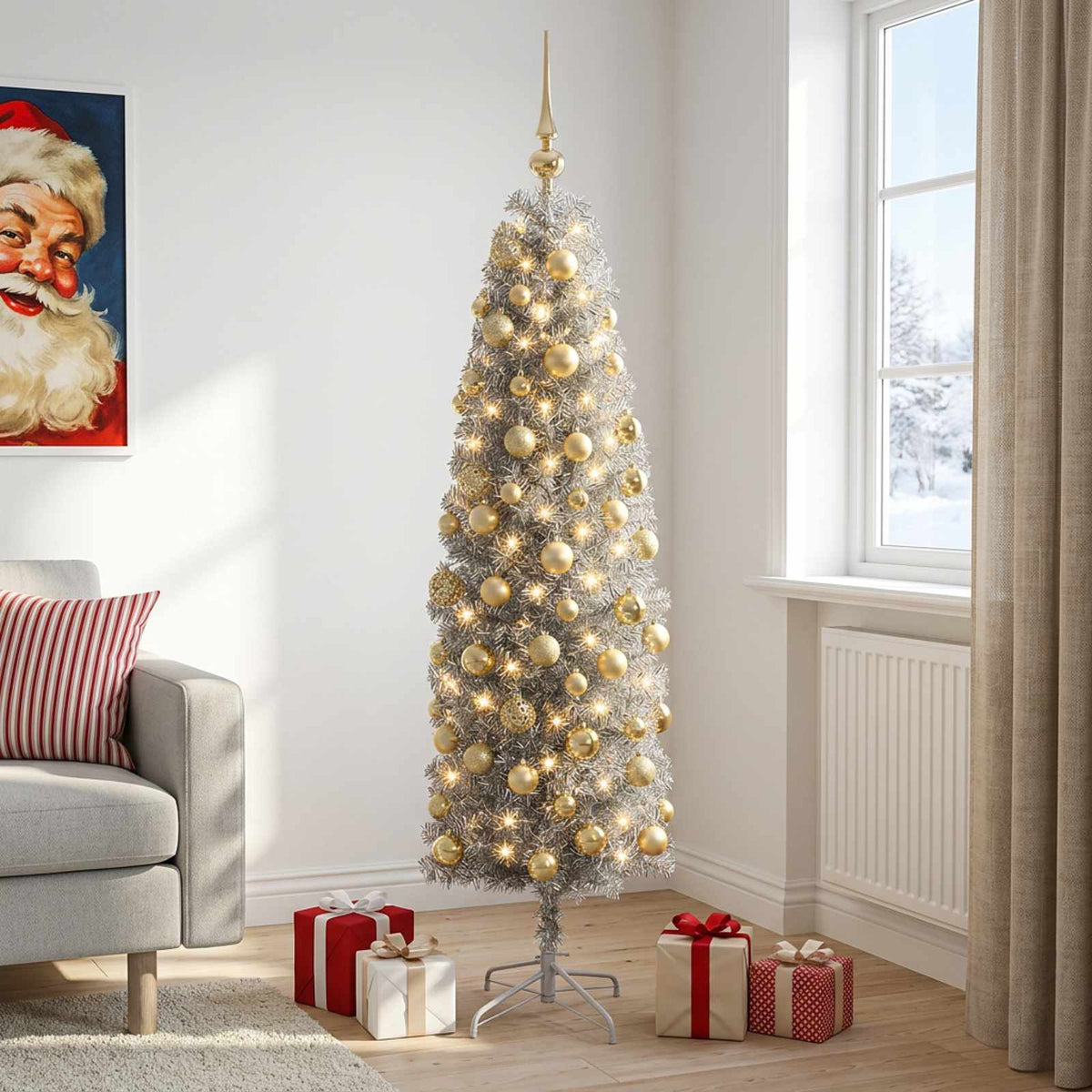 Dirbtinė siaura kalėdinė eglutė su žaisliuku 240 cm 300 LED