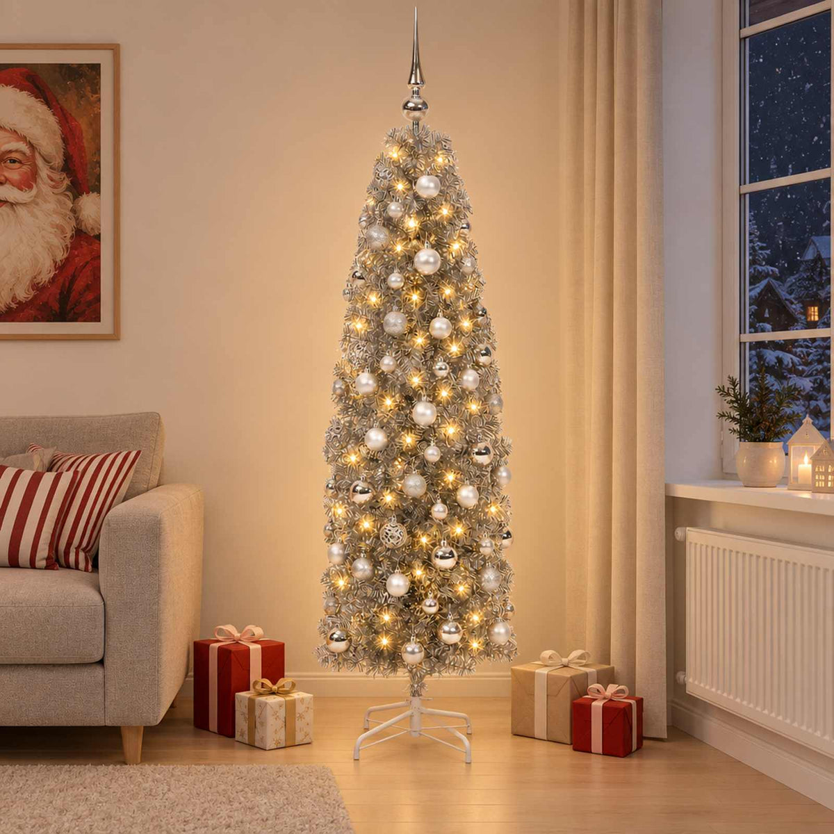 Dirbtinė siaura kalėdinė eglutė su žaisliuku 240 cm 300 LED