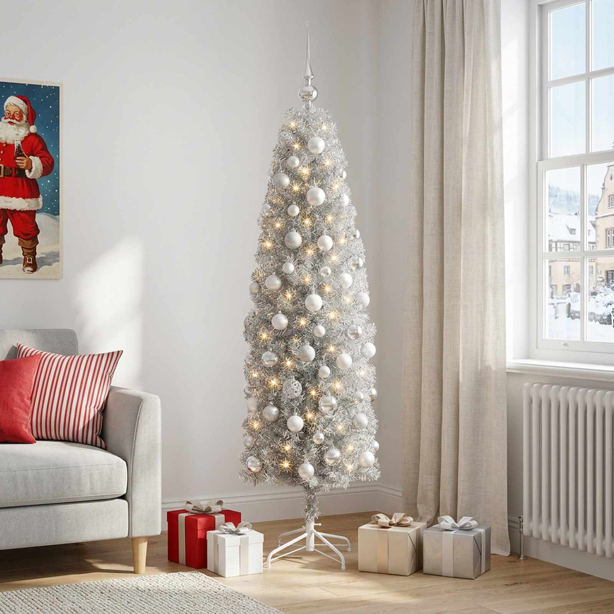 Dirbtinė siaura kalėdinė eglutė su žaisliuku 210 cm 300 LED