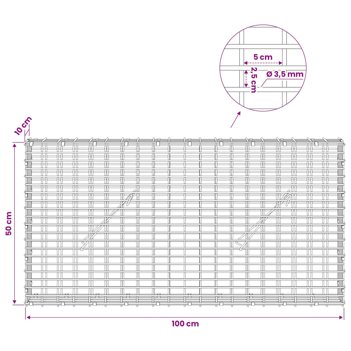 Gabionas su 3,5 mm viela ir 5x2,5 cm tinkleliu 100x10x50 cm