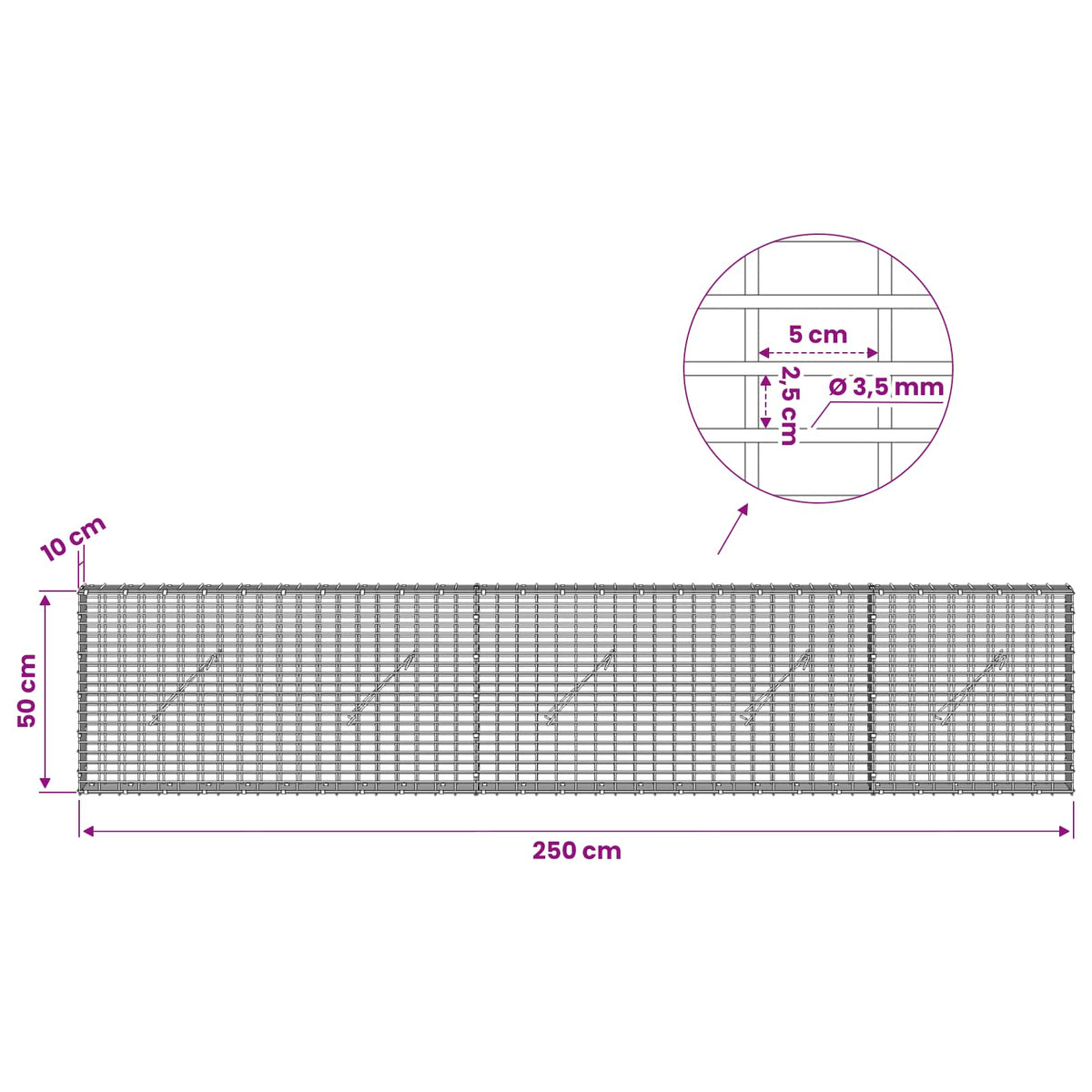 Gabionas su 3,5 mm viela ir 5x2,5 cm tinkleliu 250x10x50 cm