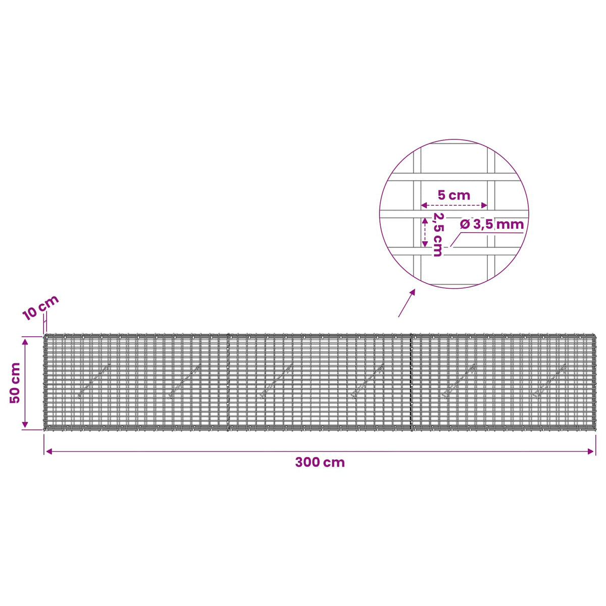 Gabionas su 3,5 mm viela ir 5x2,5 cm tinkleliu 300x10x50 cm