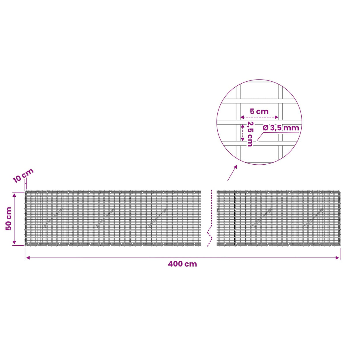 Gabionas su 3,5 mm viela ir 5x2,5 cm tinkleliu 400x10x50 cm
