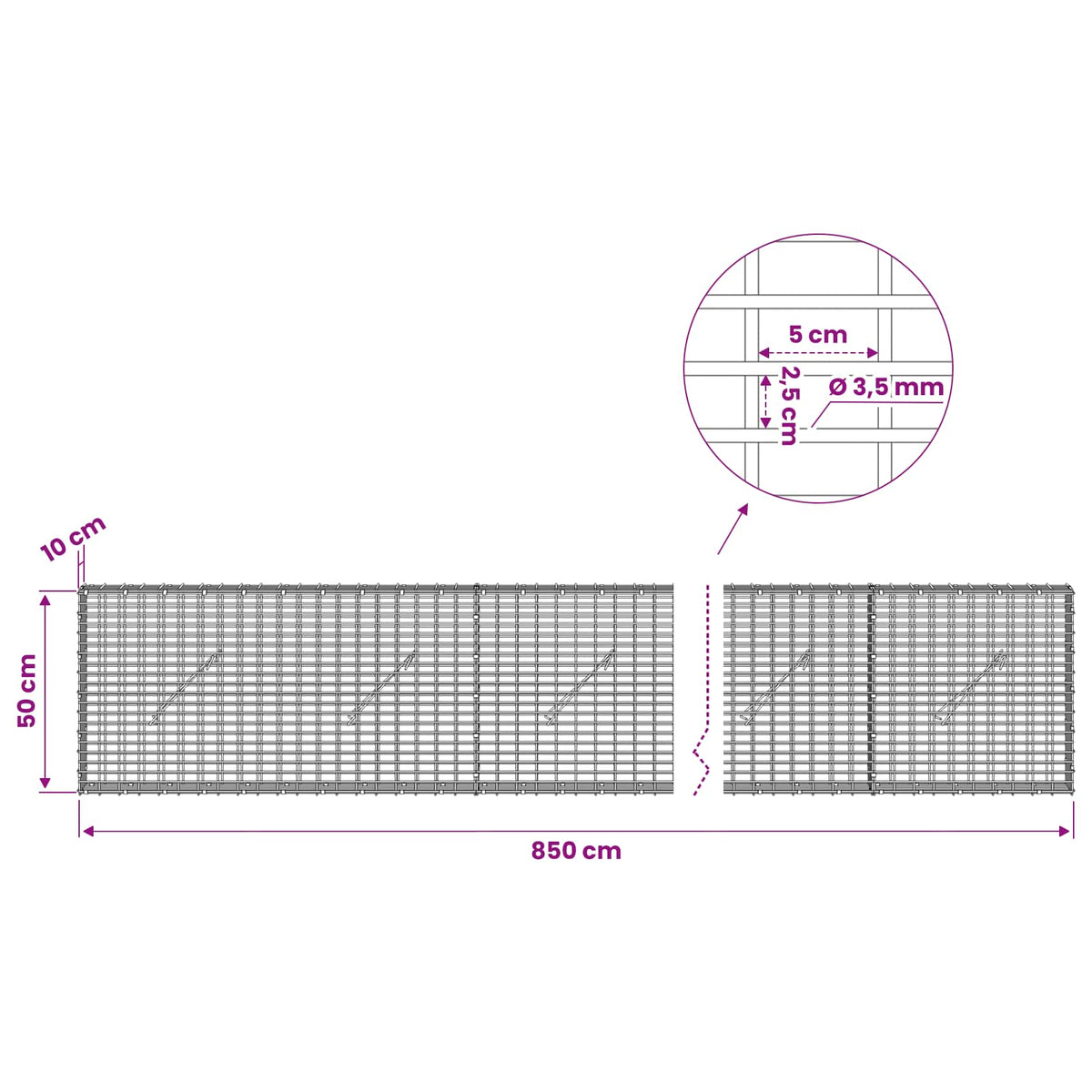 Gabionas su 3,5 mm viela ir 5x2,5 cm tinkleliu 850x10x50 cm