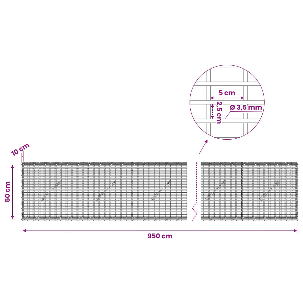 Gabionas su 3,5 mm viela ir 5x2,5 cm tinkleliu 950x10x50 cm