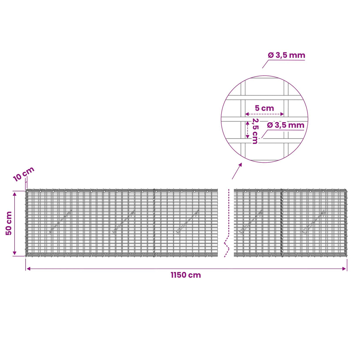 Gabionas su 3,5 mm viela ir 5x2,5 cm tinkleliu 1150x10x50 cm