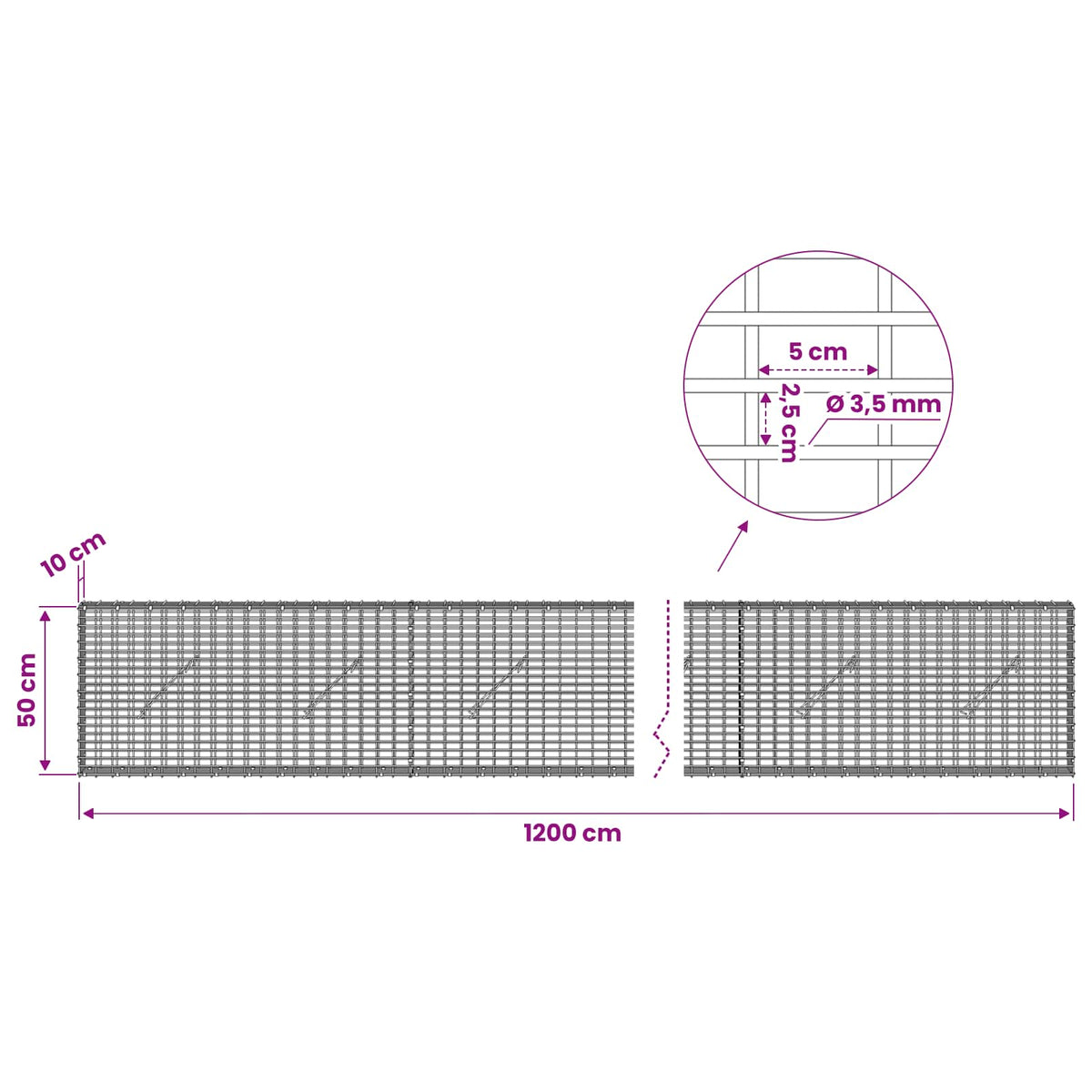 Gabionas su 3,5 mm viela ir 5x2,5 cm tinkleliu 1200x10x50 cm