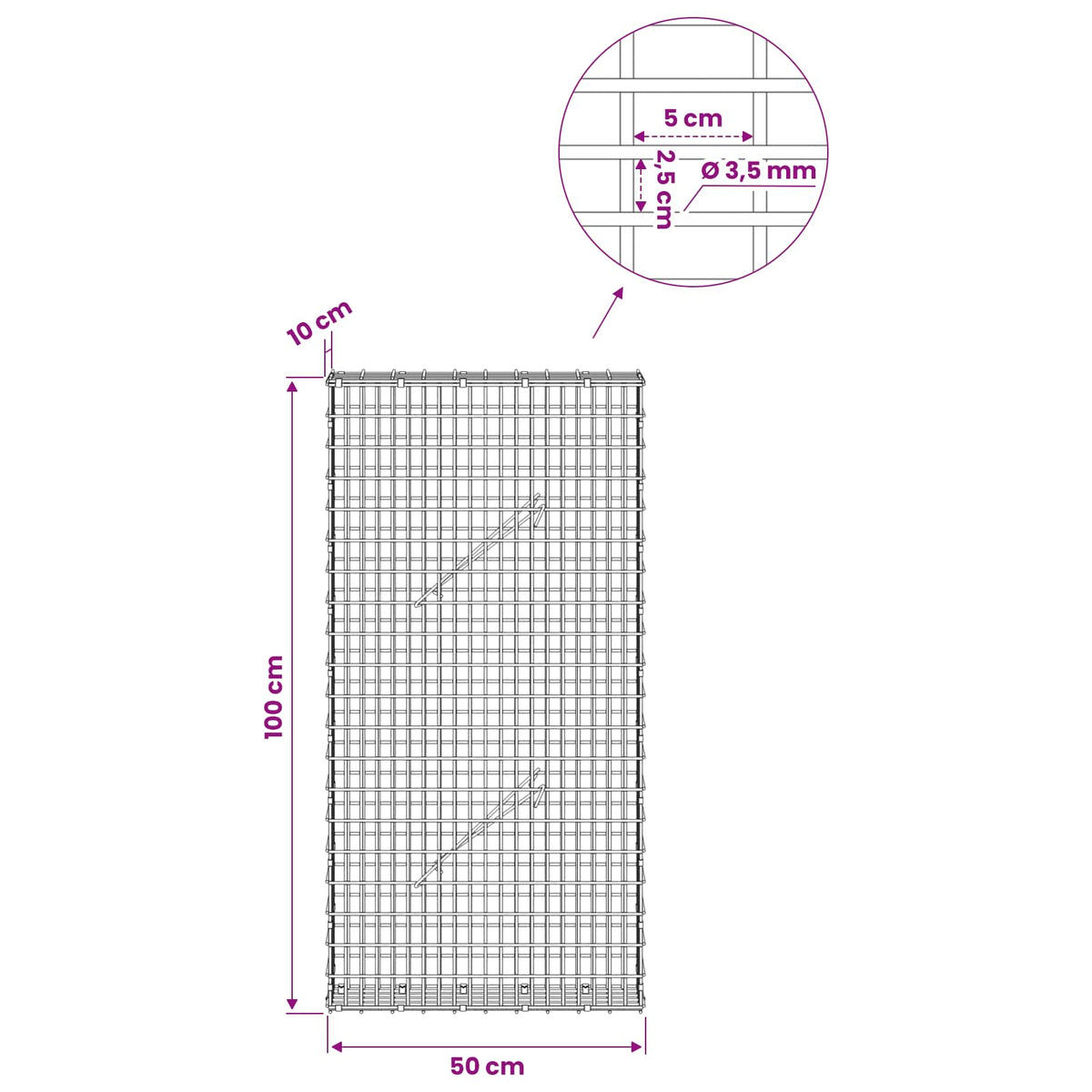 Gabionas su 3,5 mm viela ir 5x2,5 cm tinkleliu 50x10x100 cm