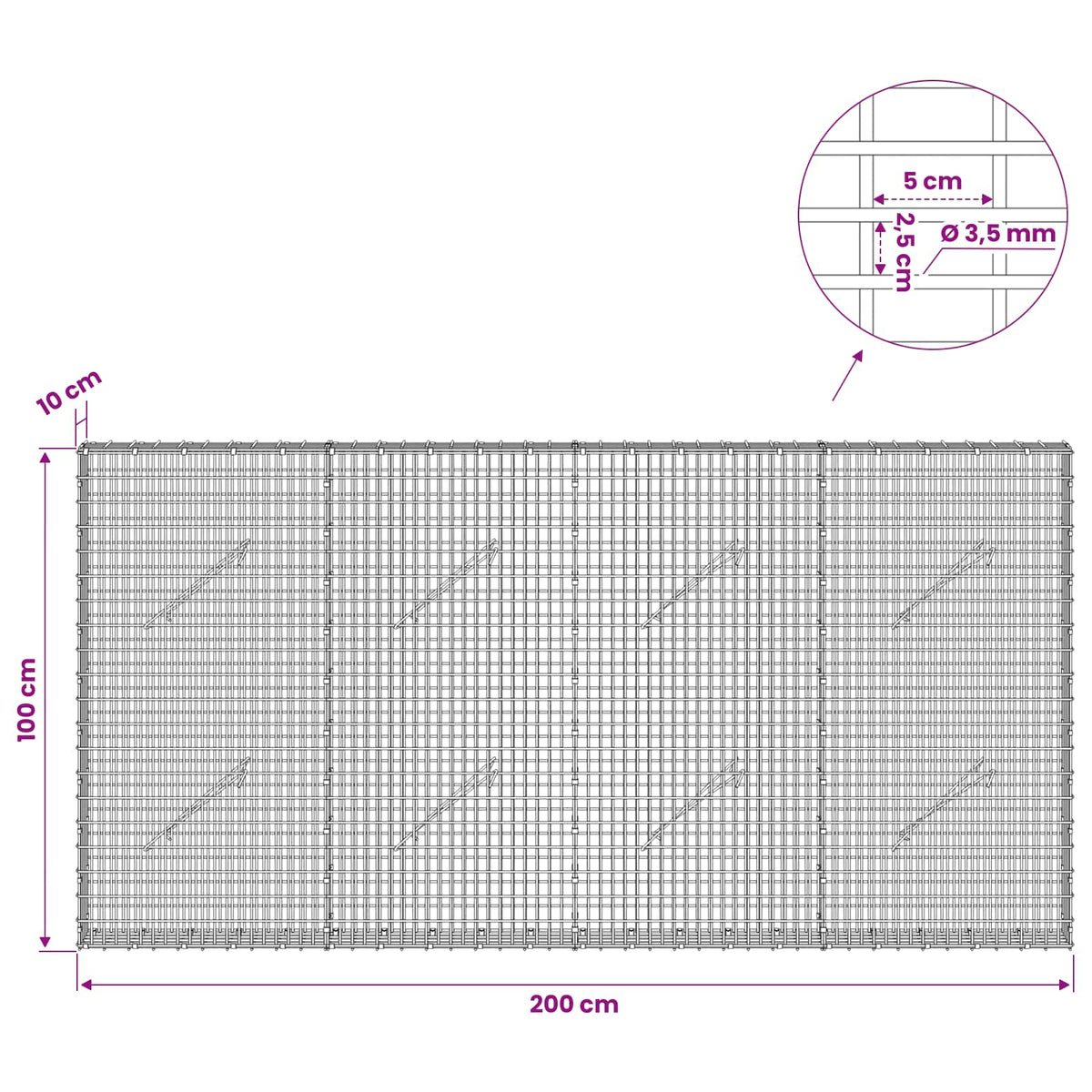 Gabionas su 3,5 mm viela ir 5x2,5 cm tinkleliu 200x10x100 cm