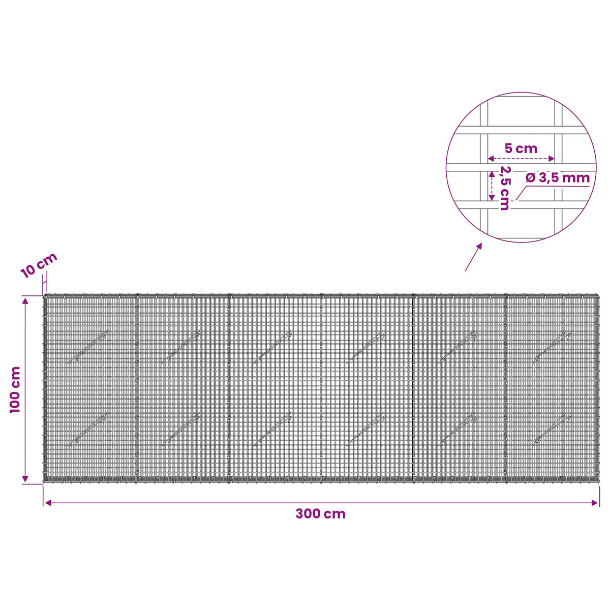 Gabionas su 3,5 mm viela ir 5x2,5 cm tinkleliu 300x10x100 cm
