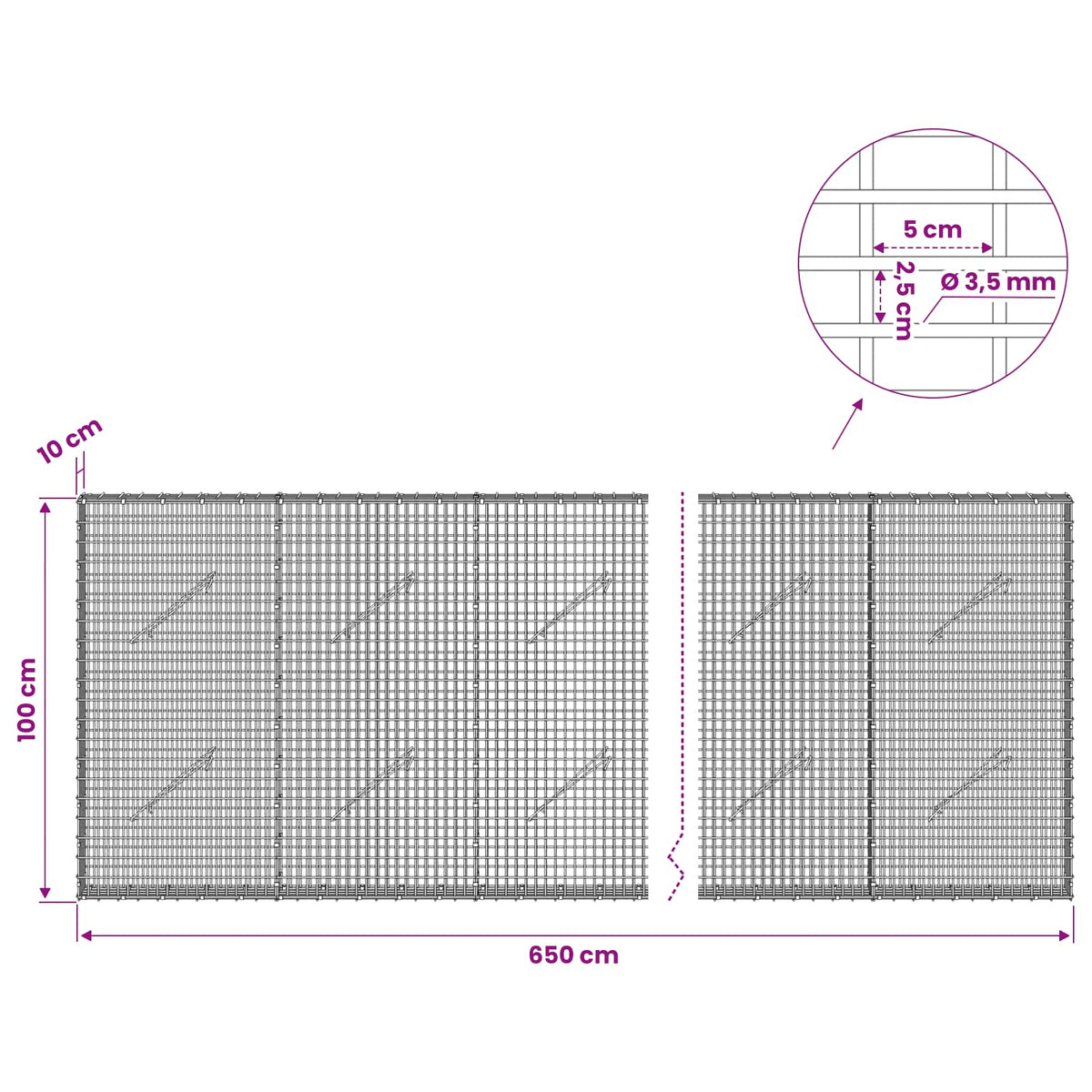 Gabionas su 3,5 mm viela ir 5x2,5 cm tinkleliu 650x10x100 cm