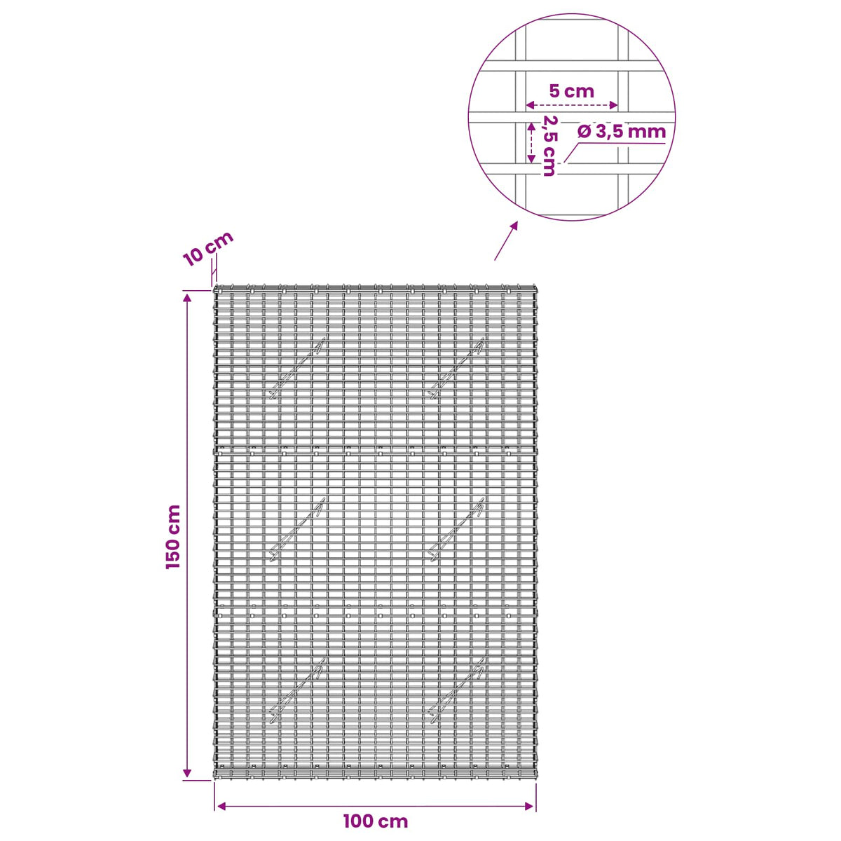 Gabionas su 3,5 mm viela ir 5x2,5 cm tinkleliu 100x10x150 cm