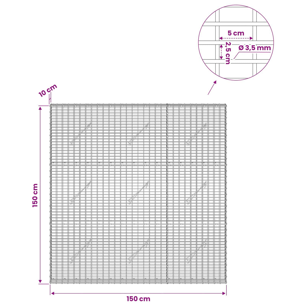 Gabionas su 3,5 mm viela ir 5x2,5 cm tinkleliu 150x10x150 cm
