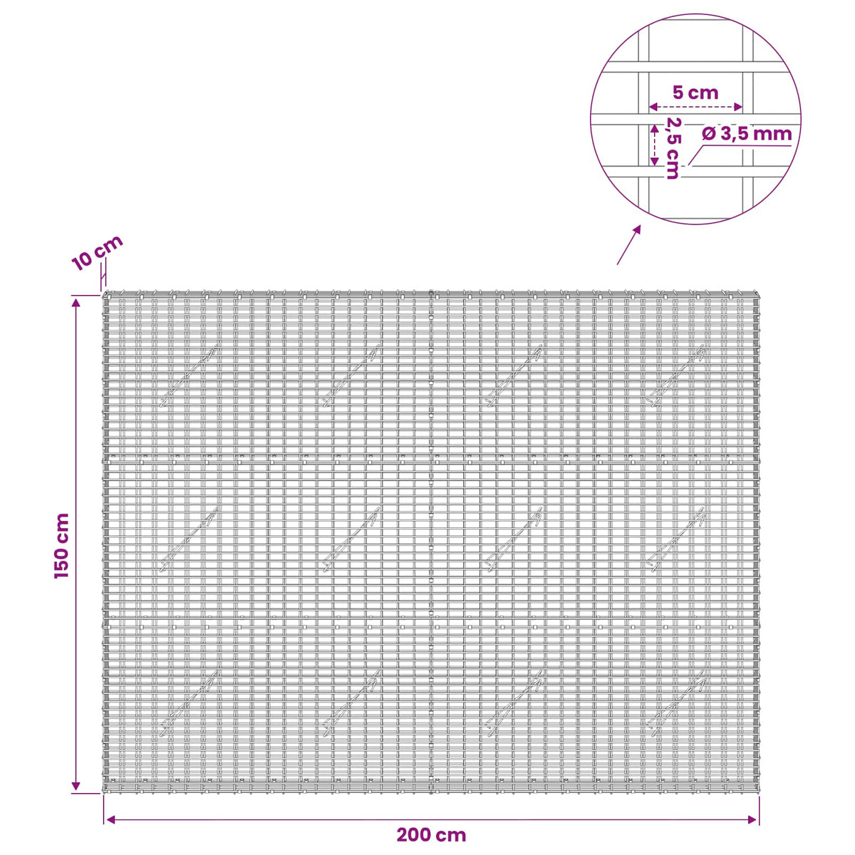 Gabionas su 3,5 mm viela ir 5x2,5 cm tinkleliu 200x10x150 cm