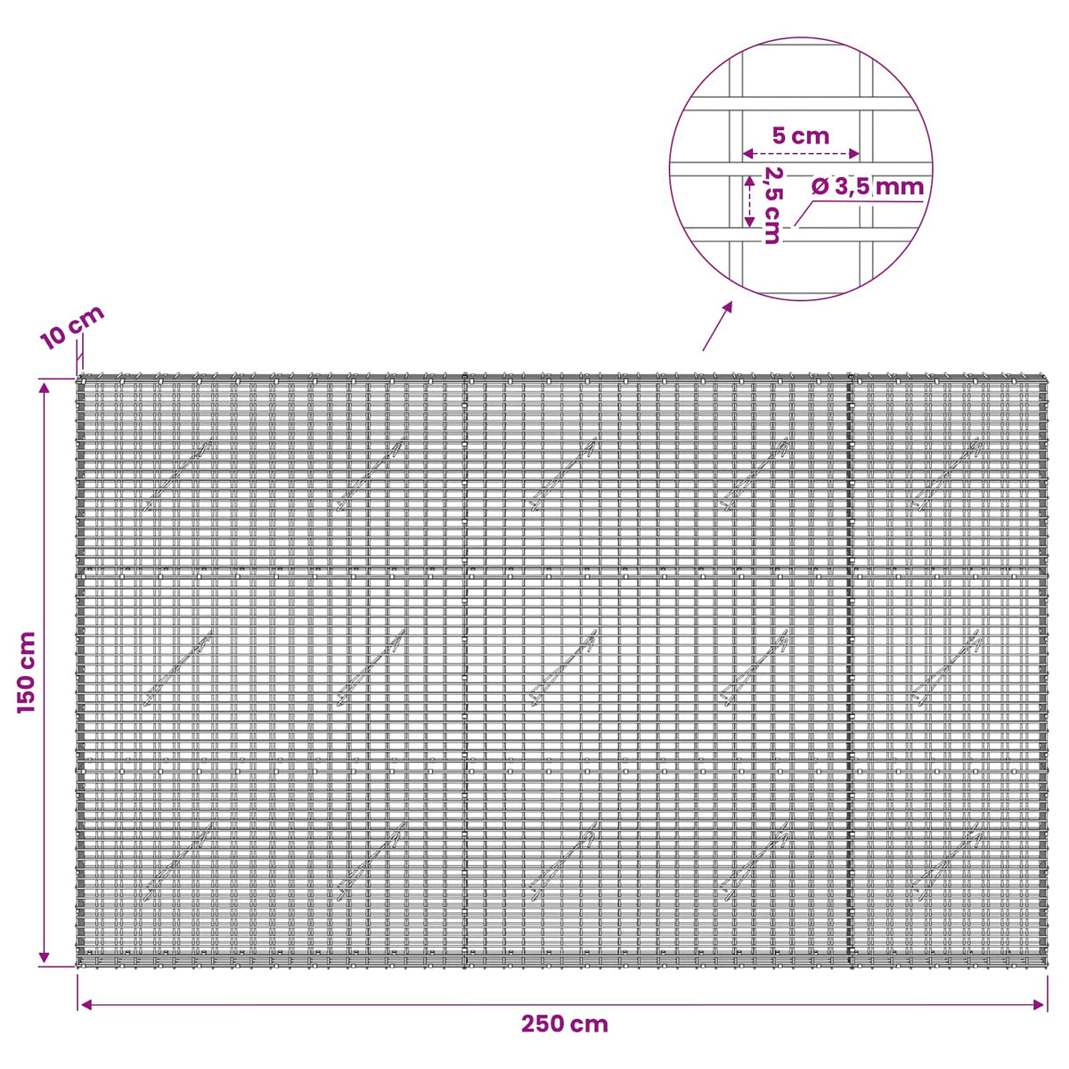 Gabionas su 3,5 mm viela ir 5x2,5 cm tinkleliu 250x10x150 cm