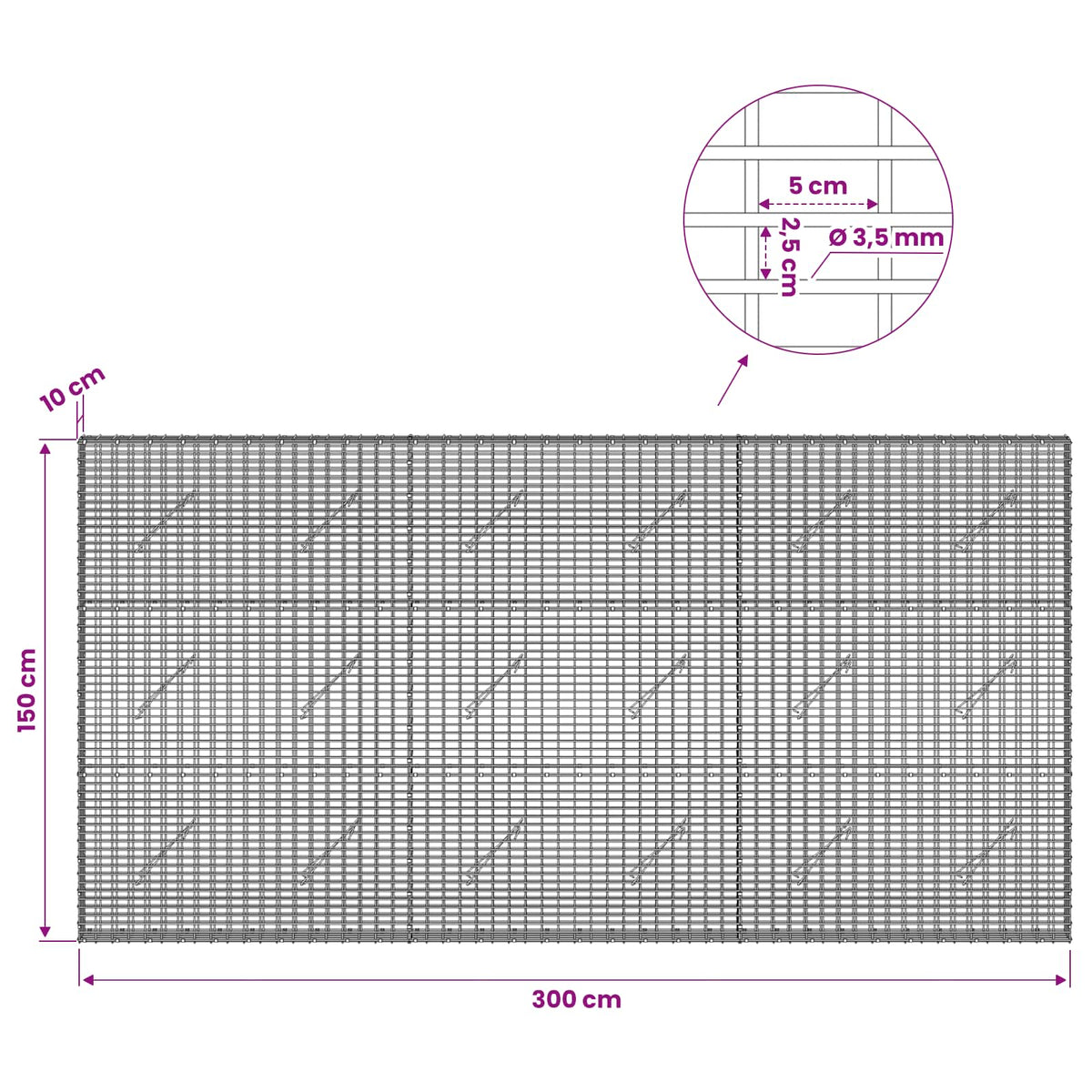 Gabionas su 3,5 mm viela ir 5x2,5 cm tinkleliu 300x10x150 cm