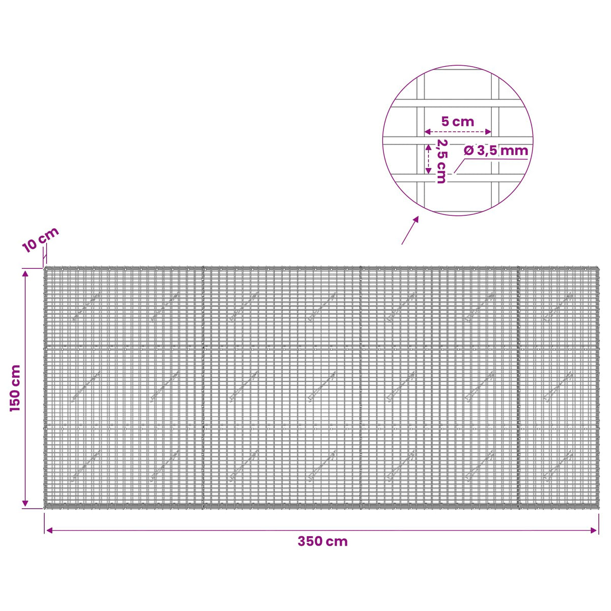 Gabionas su 3,5 mm viela ir 5x2,5 cm tinkleliu 350x10x150 cm