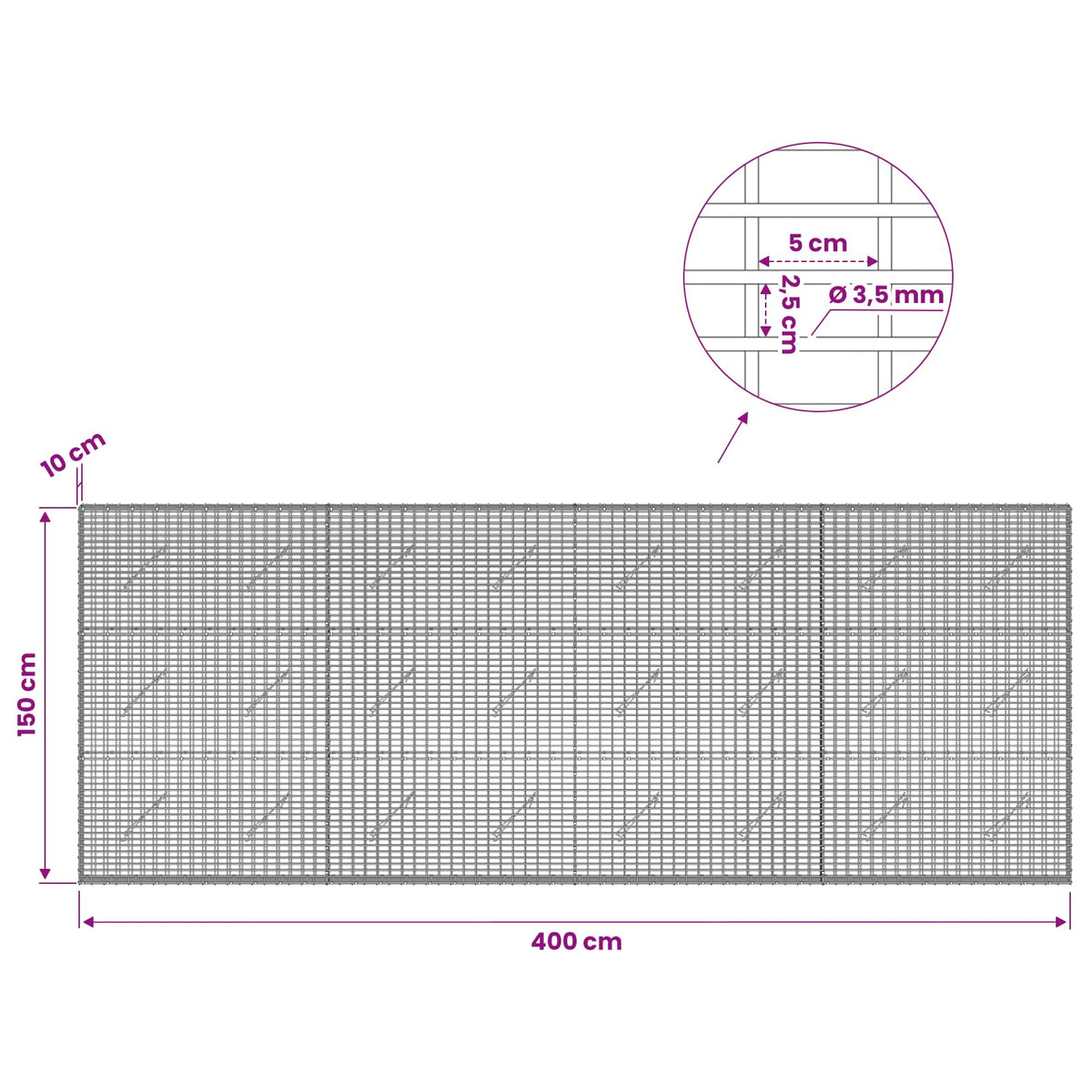 Gabionas su 3,5 mm viela ir 5x2,5 cm tinkleliu 400x10x150 cm