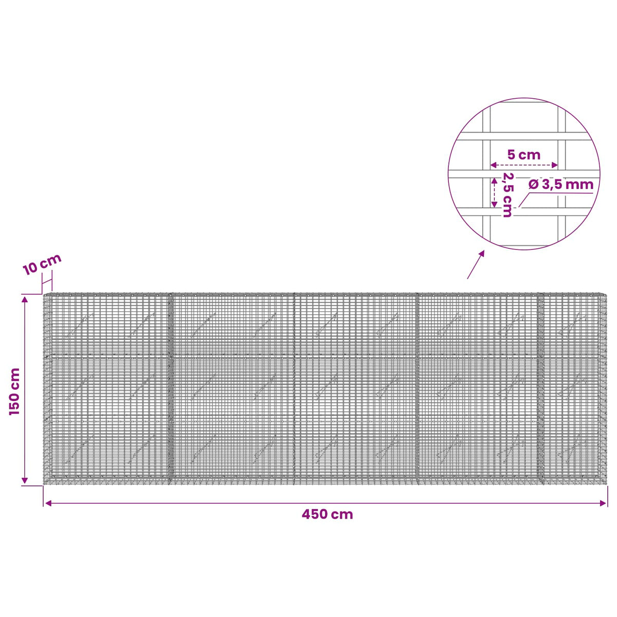 Gabionas su 3,5 mm viela ir 5x2,5 cm tinkleliu 450x10x150 cm